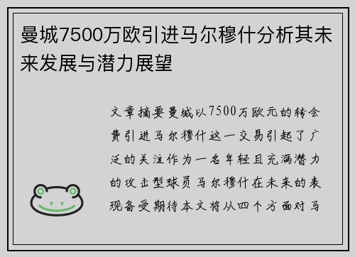 曼城7500万欧引进马尔穆什分析其未来发展与潜力展望