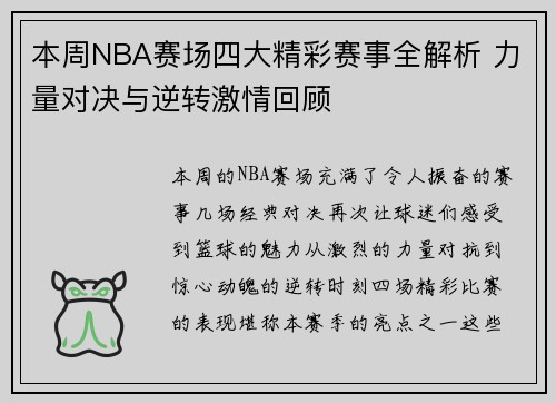 本周NBA赛场四大精彩赛事全解析 力量对决与逆转激情回顾