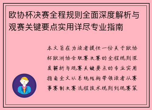 欧协杯决赛全程规则全面深度解析与观赛关键要点实用详尽专业指南