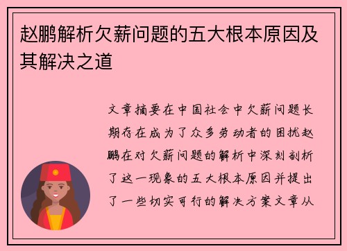 赵鹏解析欠薪问题的五大根本原因及其解决之道